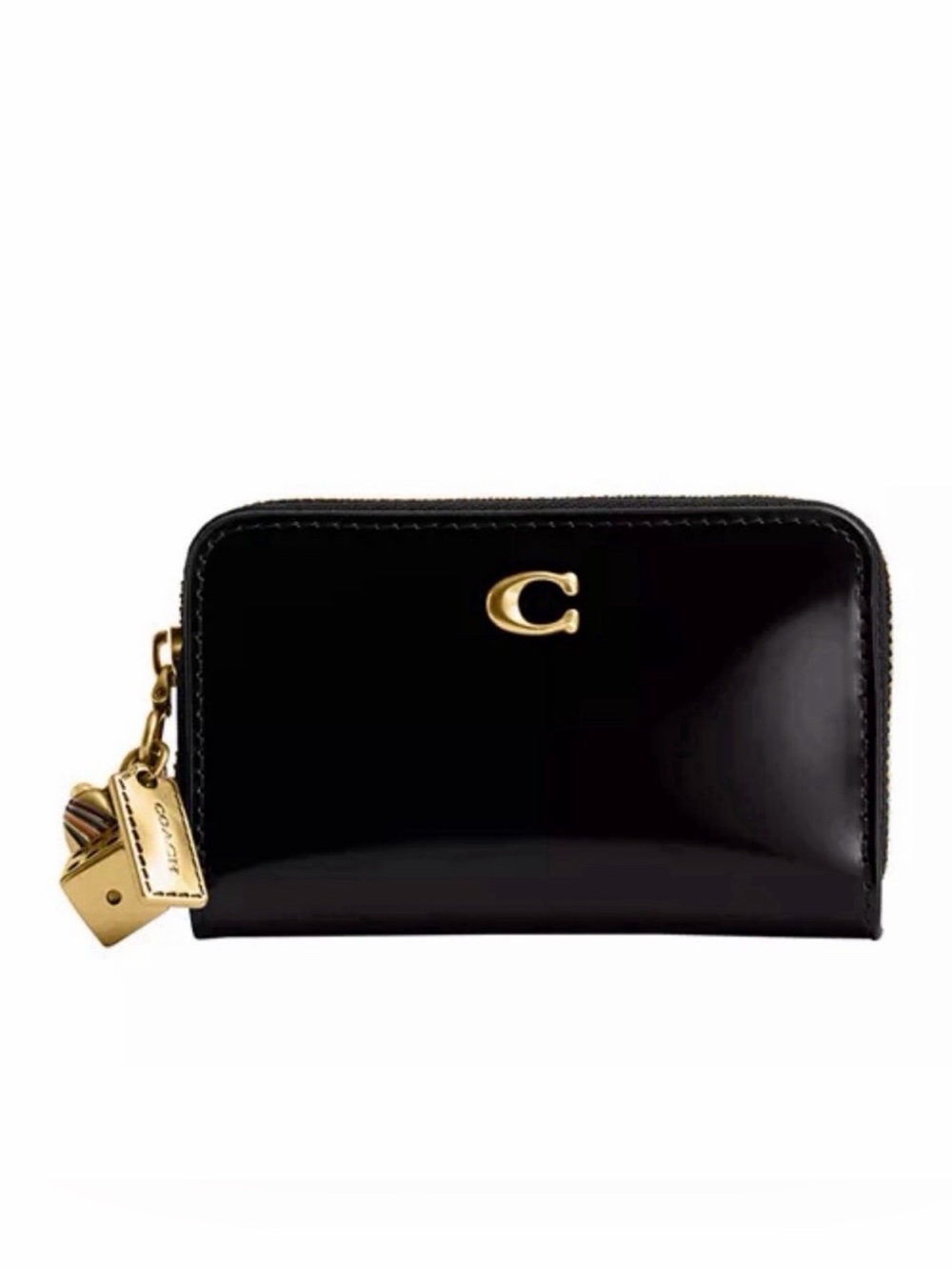 Coach Small Zip Around Card Case Wallet with Charms in Brass/Black Leather NWT